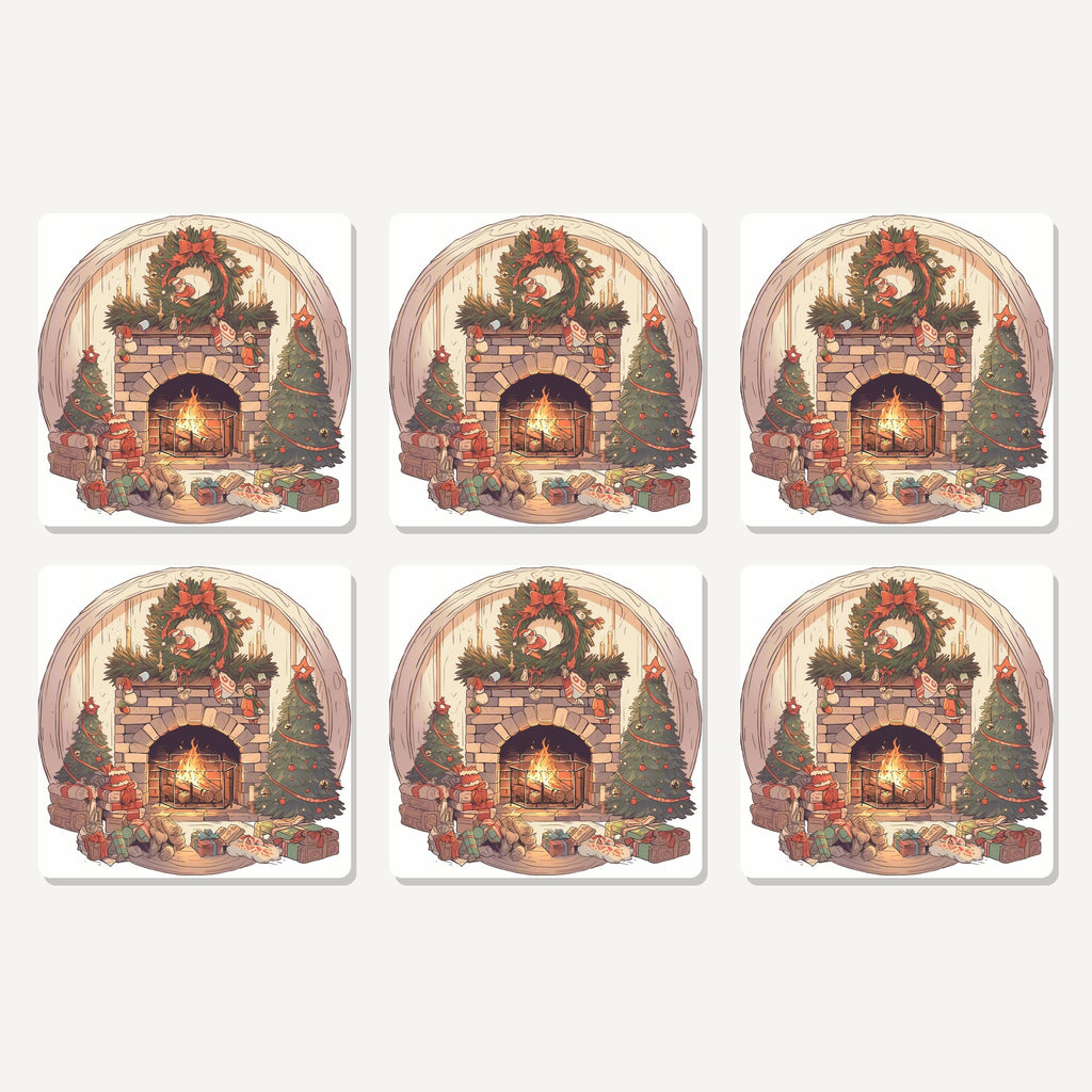 Flat lay of the christmas fireplace with wreath & trees artwork on six square coasters
