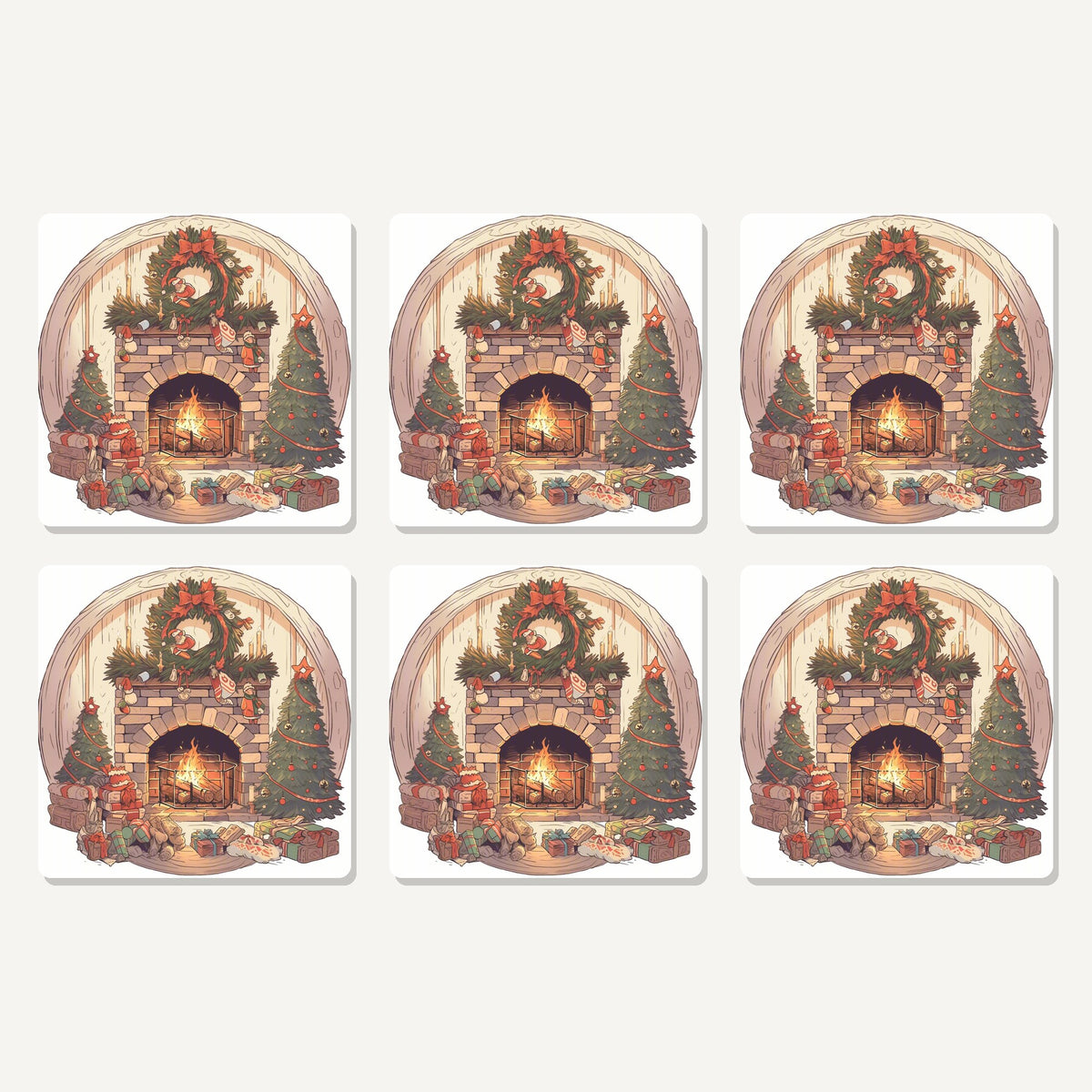 Flat lay of the christmas fireplace with wreath & trees artwork on six square coasters