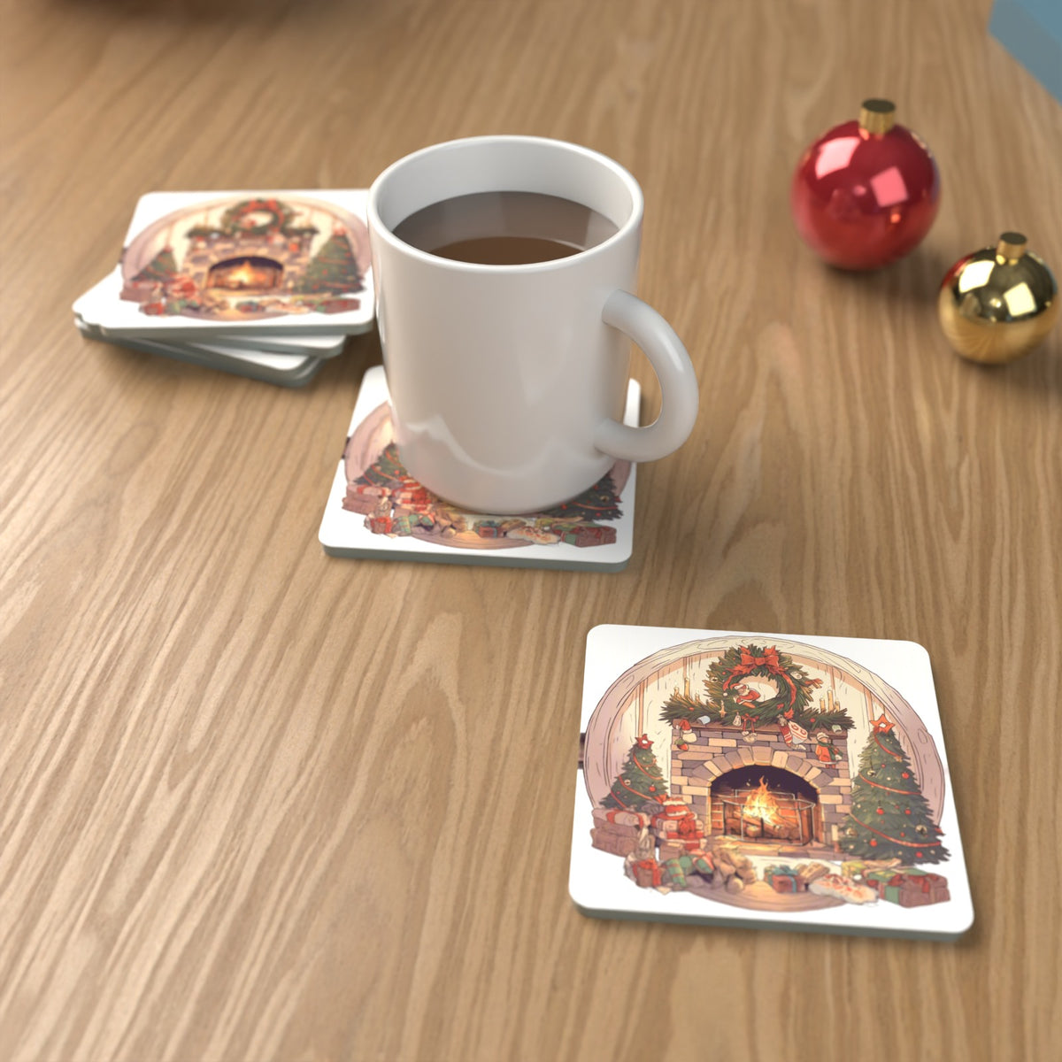 Christmas Fireplace with Wreath & Trees Square Glass Coasters – Set of 6 – lifestyle mockup with a mug of coffee