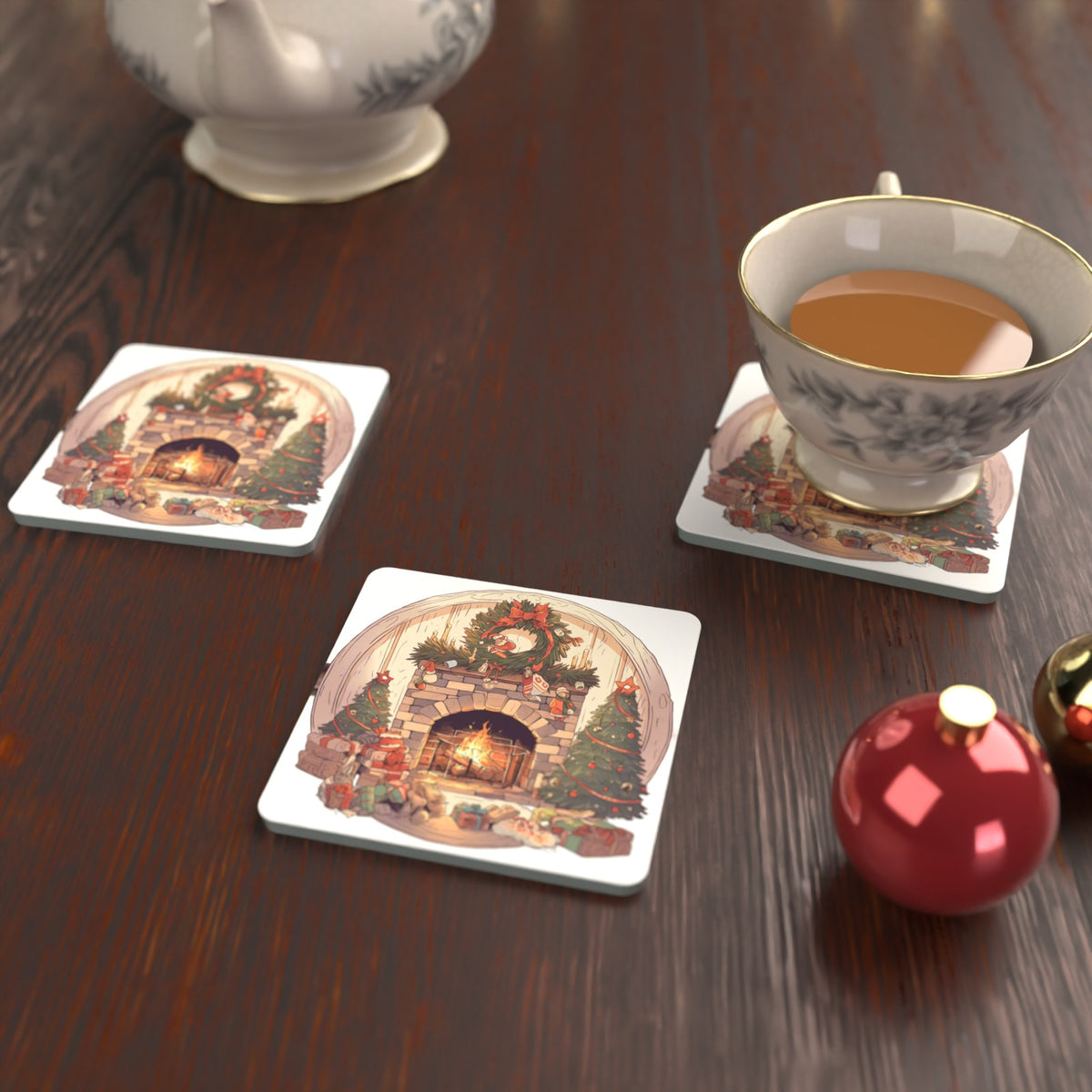 Christmas Fireplace with Wreath & Trees Square Glass Coasters – Set of 6 – lifestyle mockup with a teacup