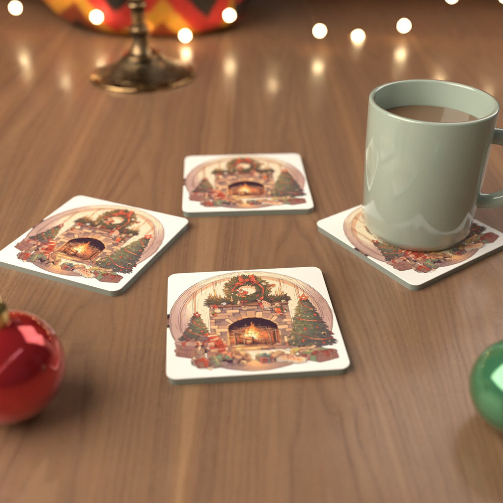 Christmas Fireplace with Wreath & Trees Square Glass Coasters – Set of 6 – cosy lifestyle mockup