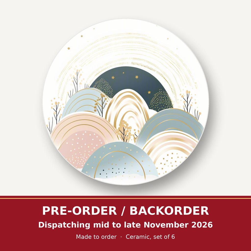 Minimalist Pastel Hills & Arches round ceramic coaster set of 6 – pre-order / backorder, dispatching mid to late November 2026