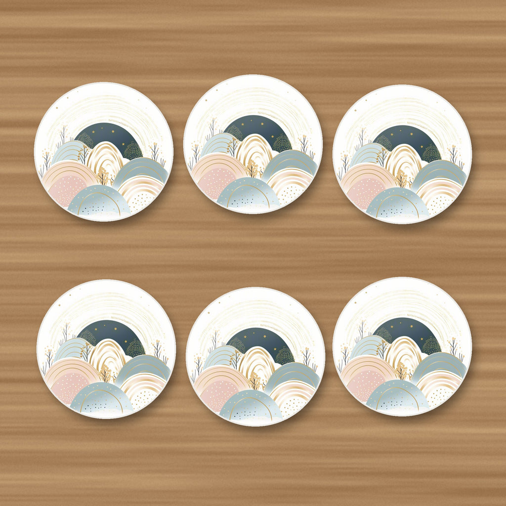 Minimalist Pastel Hills & Arches round ceramic coasters, set of 6, on an oak coffee table