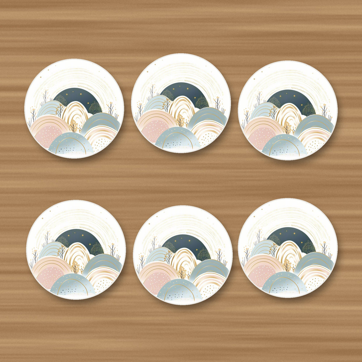 Minimalist Pastel Hills & Arches round ceramic coasters, set of 6, on an oak coffee table