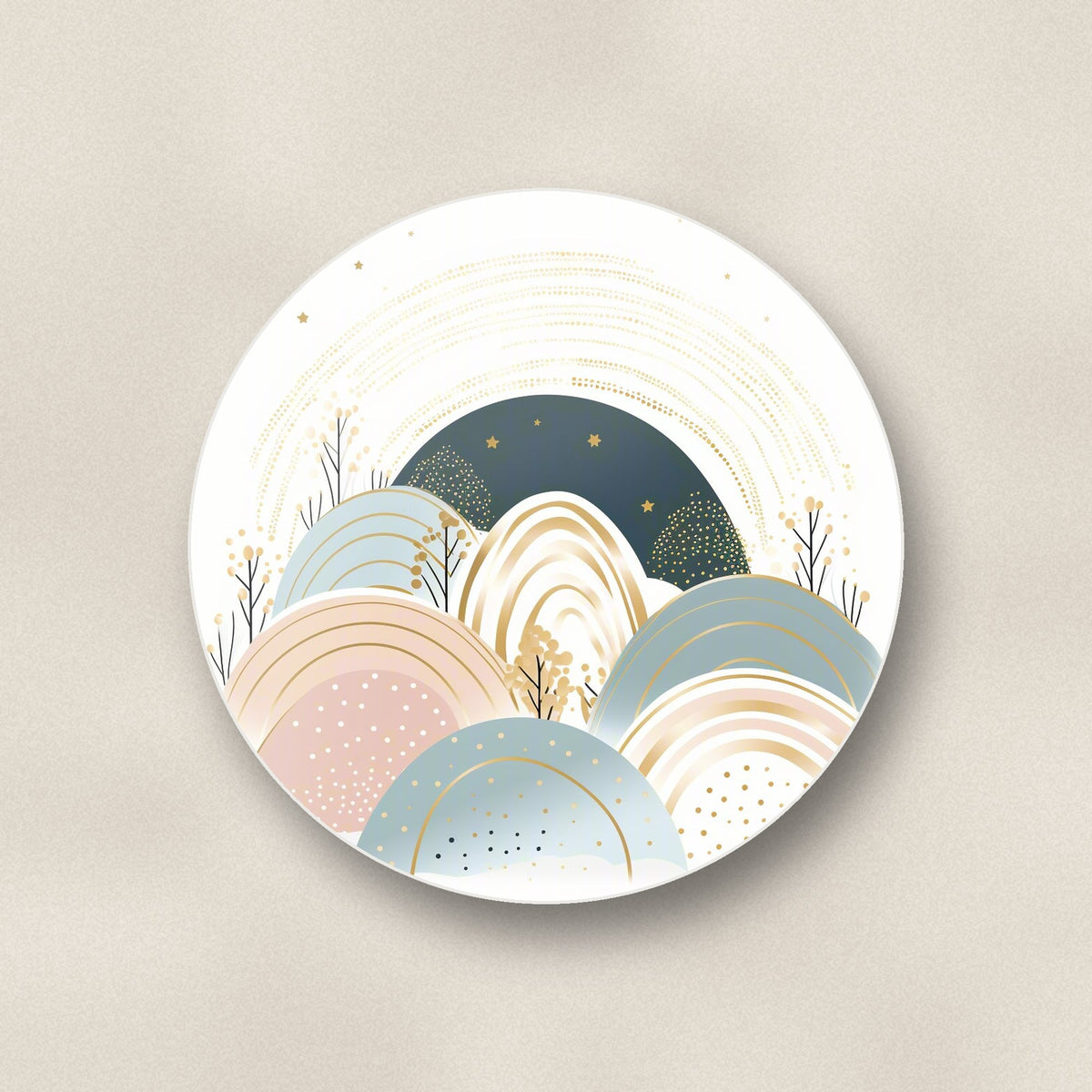 Close-up of one minimalist pastel hills & arches round ceramic coaster, flat UV print