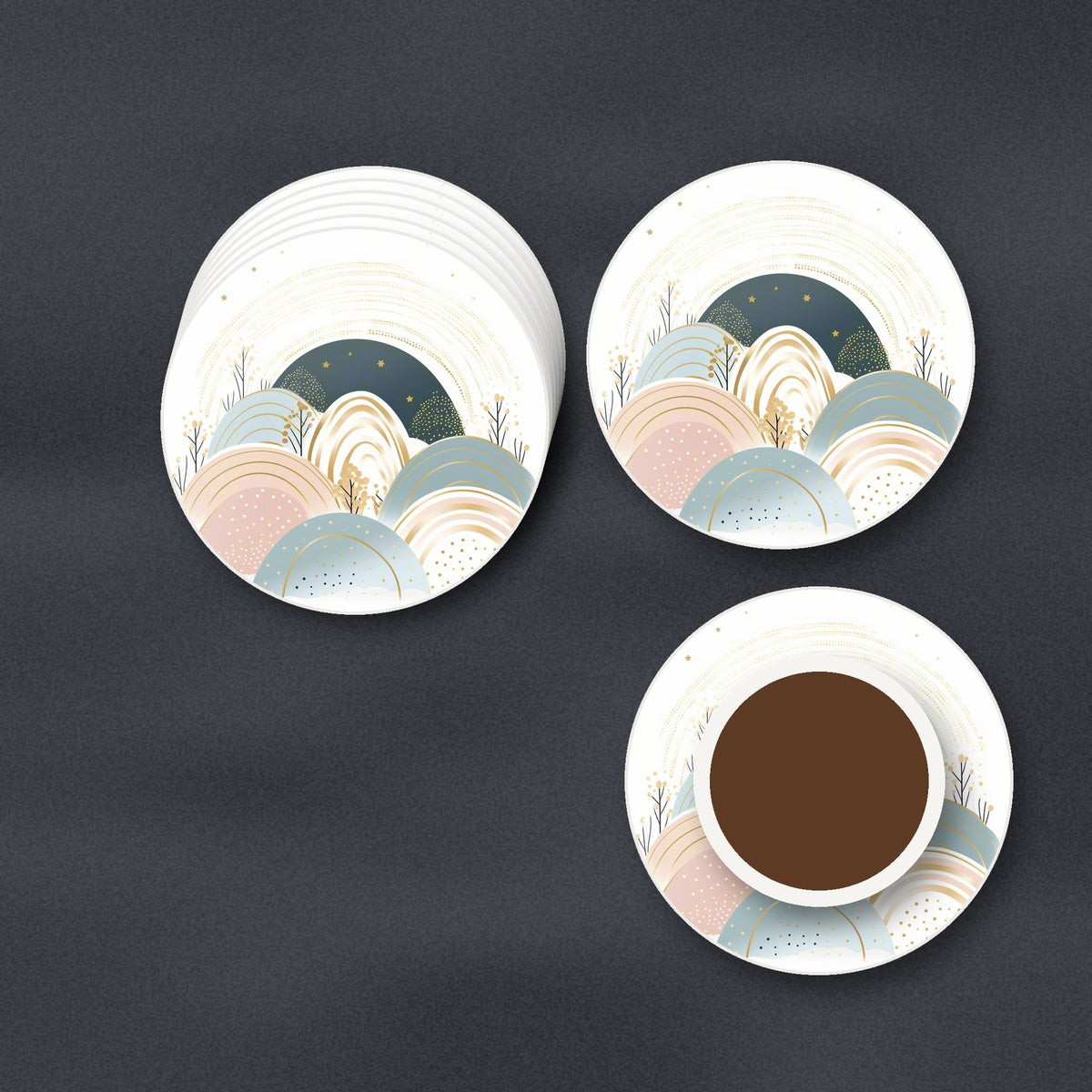 Minimalist Pastel Hills & Arches round ceramic coasters stacked on a slate kitchen worktop