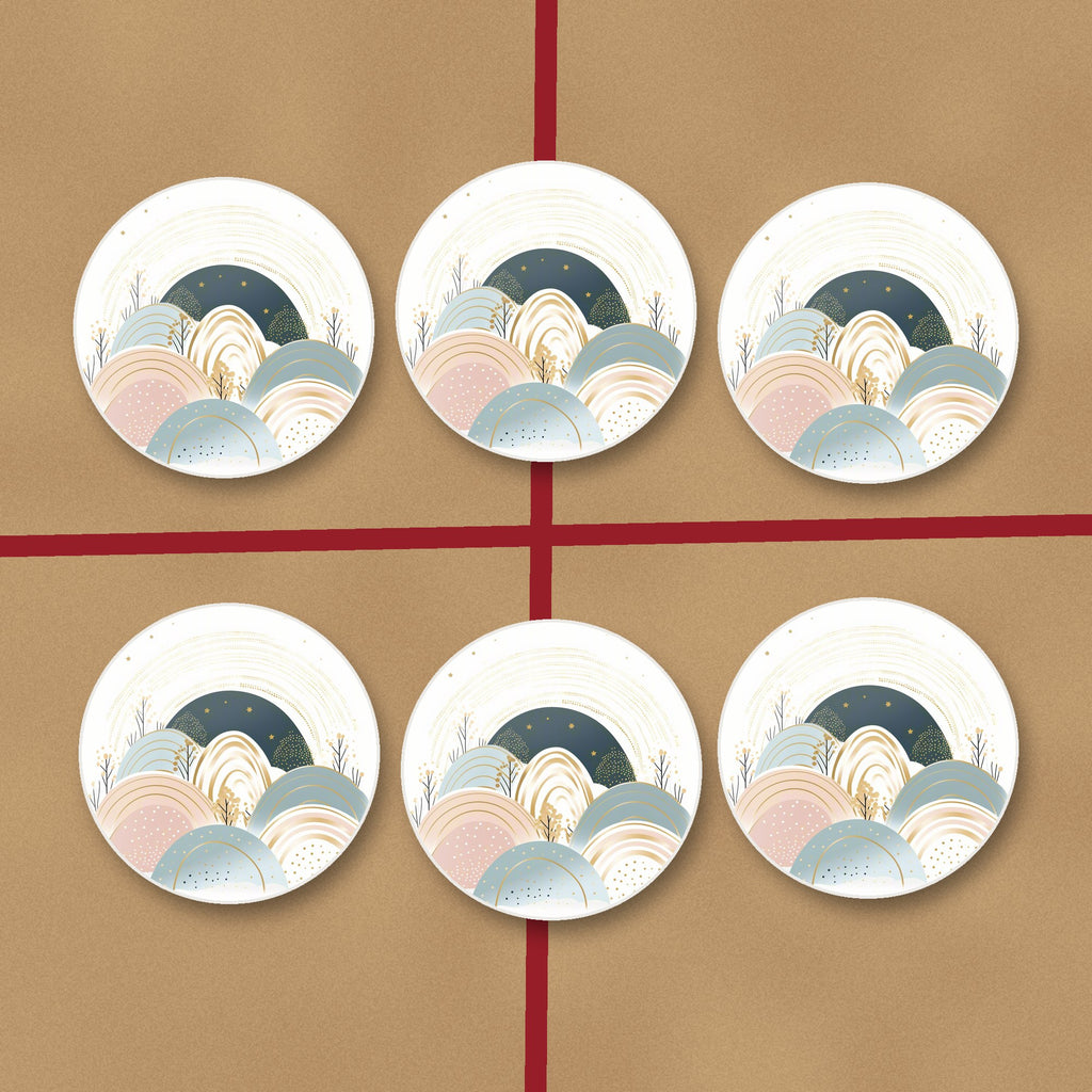Minimalist Pastel Hills & Arches round ceramic coasters on kraft gift wrap
