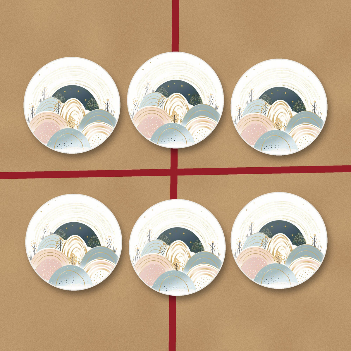 Minimalist Pastel Hills & Arches round ceramic coasters on kraft gift wrap