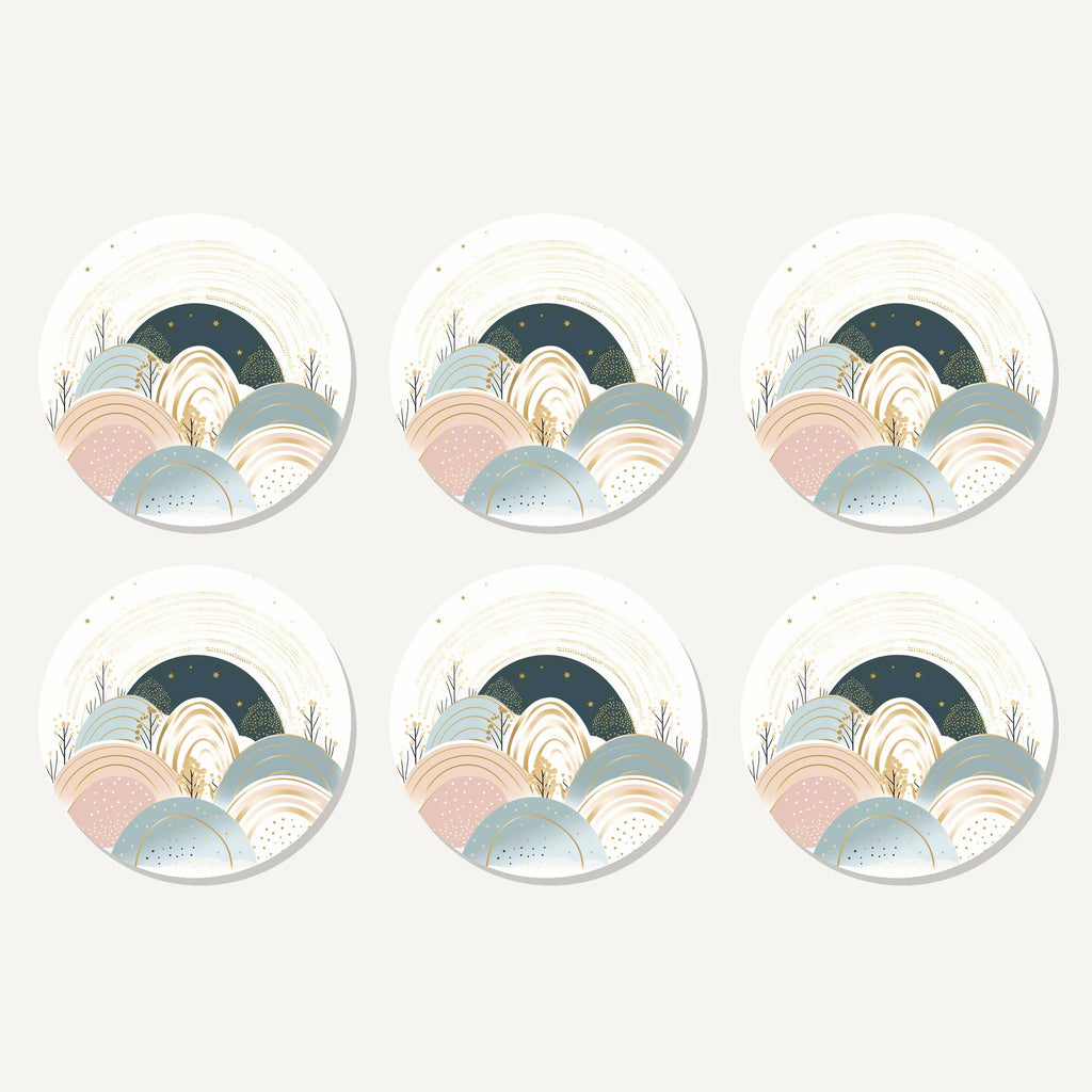 Flat lay of the minimalist pastel hills & arches artwork on six round coasters