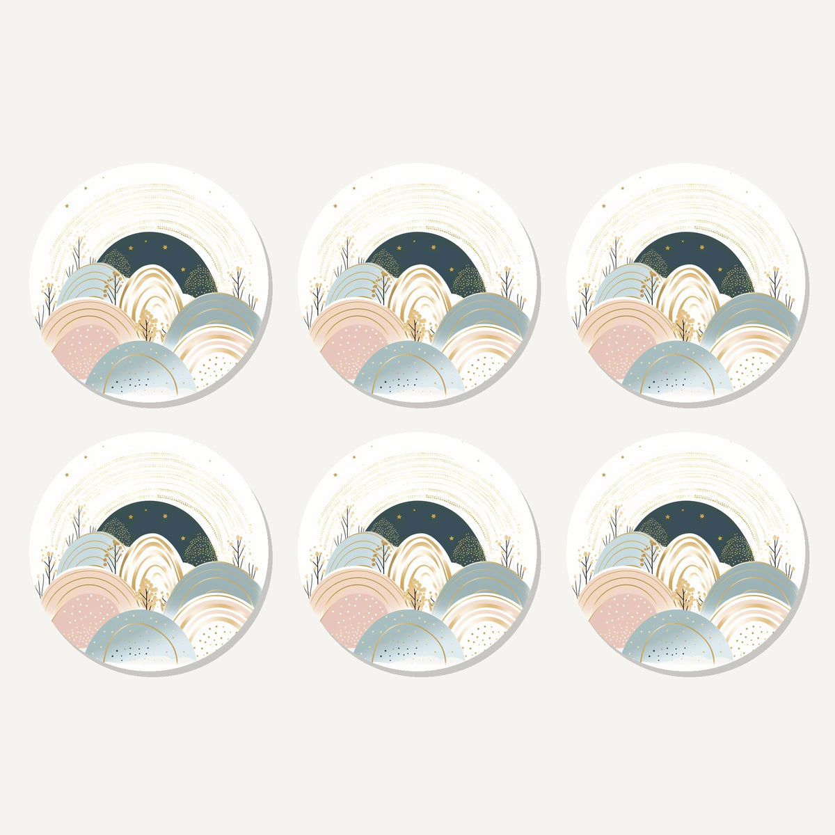 Flat lay of the minimalist pastel hills & arches artwork on six round coasters