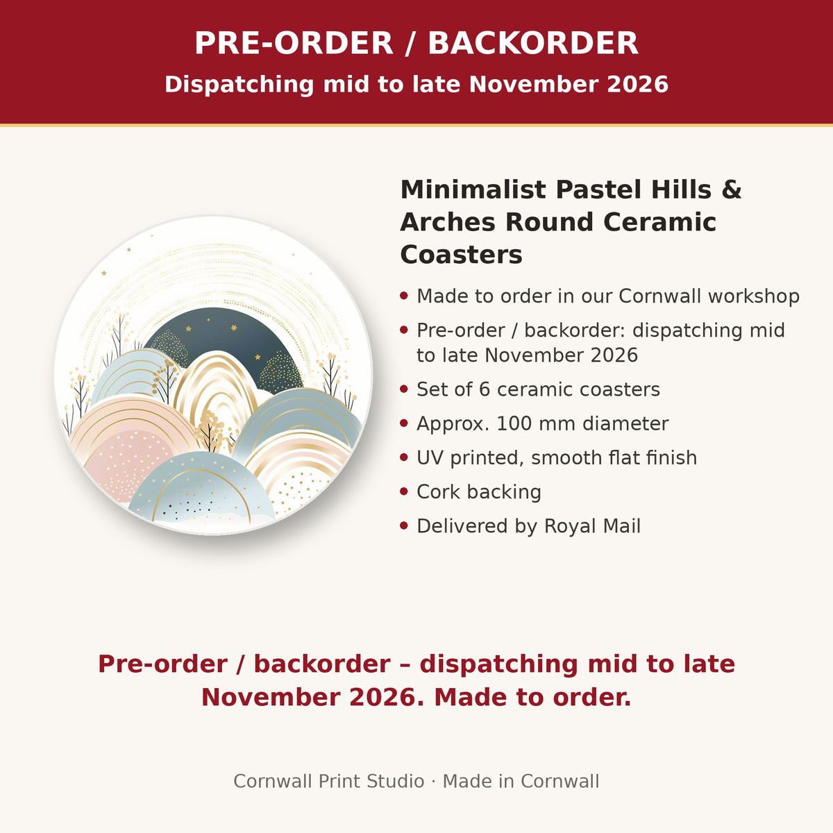 Info card: Minimalist Pastel Hills & Arches Round Ceramic Coasters – Set of 6, made to order, dispatching mid to late November 2026, delivered by Royal Mail