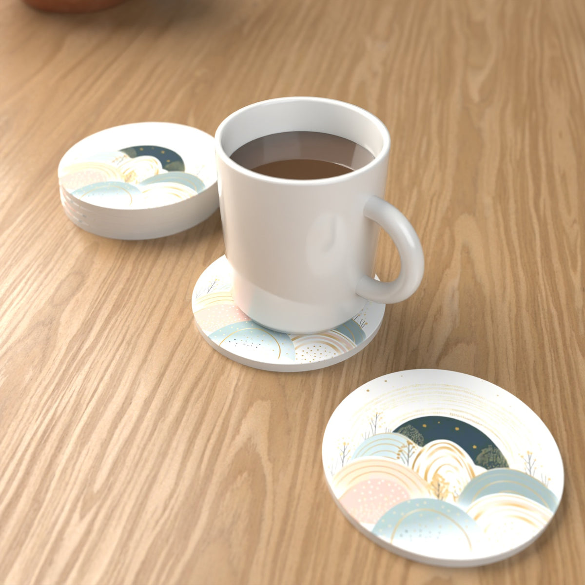 Minimalist Pastel Hills & Arches Round Ceramic Coasters – Set of 6 – lifestyle mockup with a mug of coffee