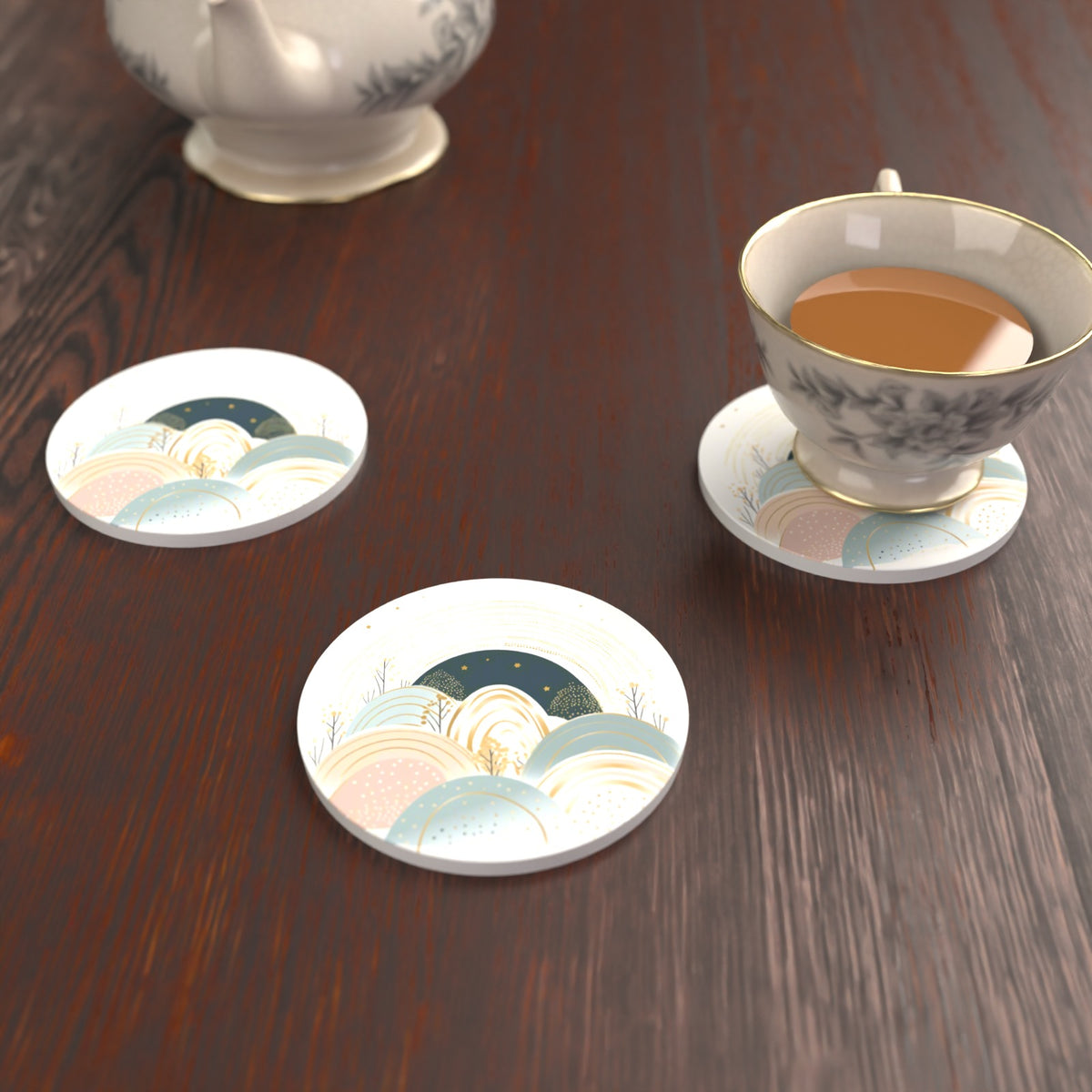 Minimalist Pastel Hills & Arches Round Ceramic Coasters – Set of 6 – lifestyle mockup with a teacup