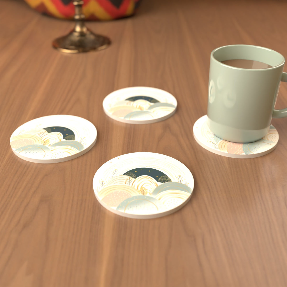 Minimalist Pastel Hills & Arches Round Ceramic Coasters – Set of 6 – cosy lifestyle mockup