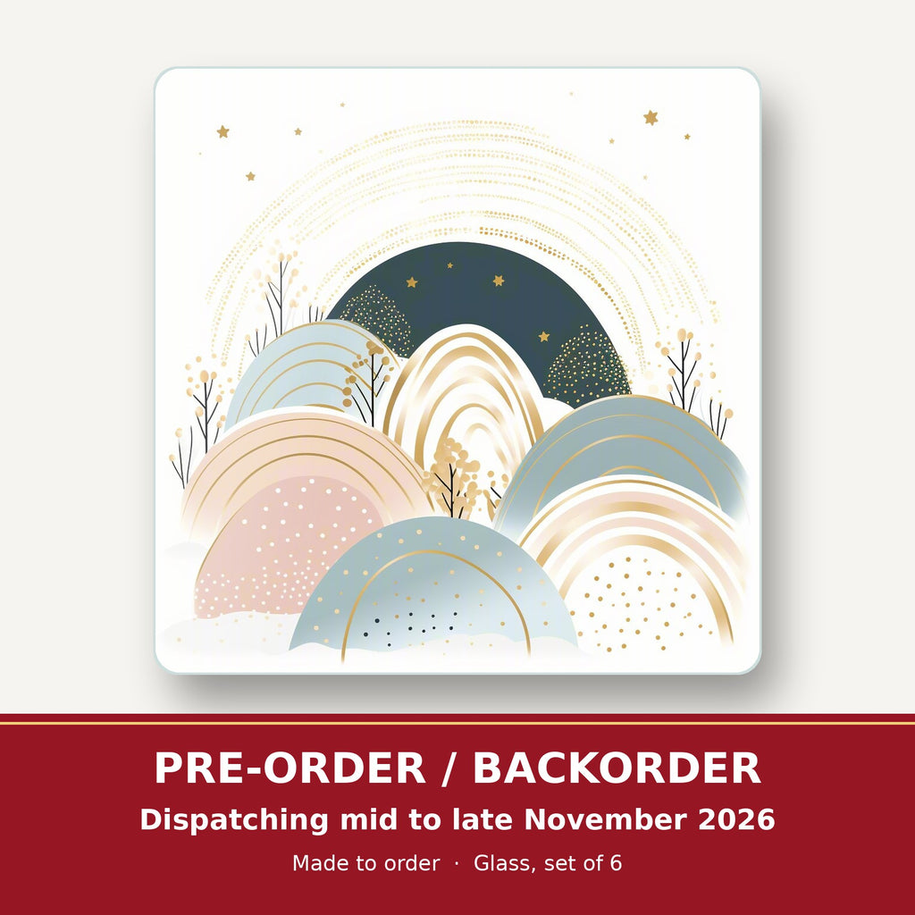 Minimalist Pastel Hills & Arches square glass coaster set of 6 – pre-order / backorder, dispatching mid to late November 2026