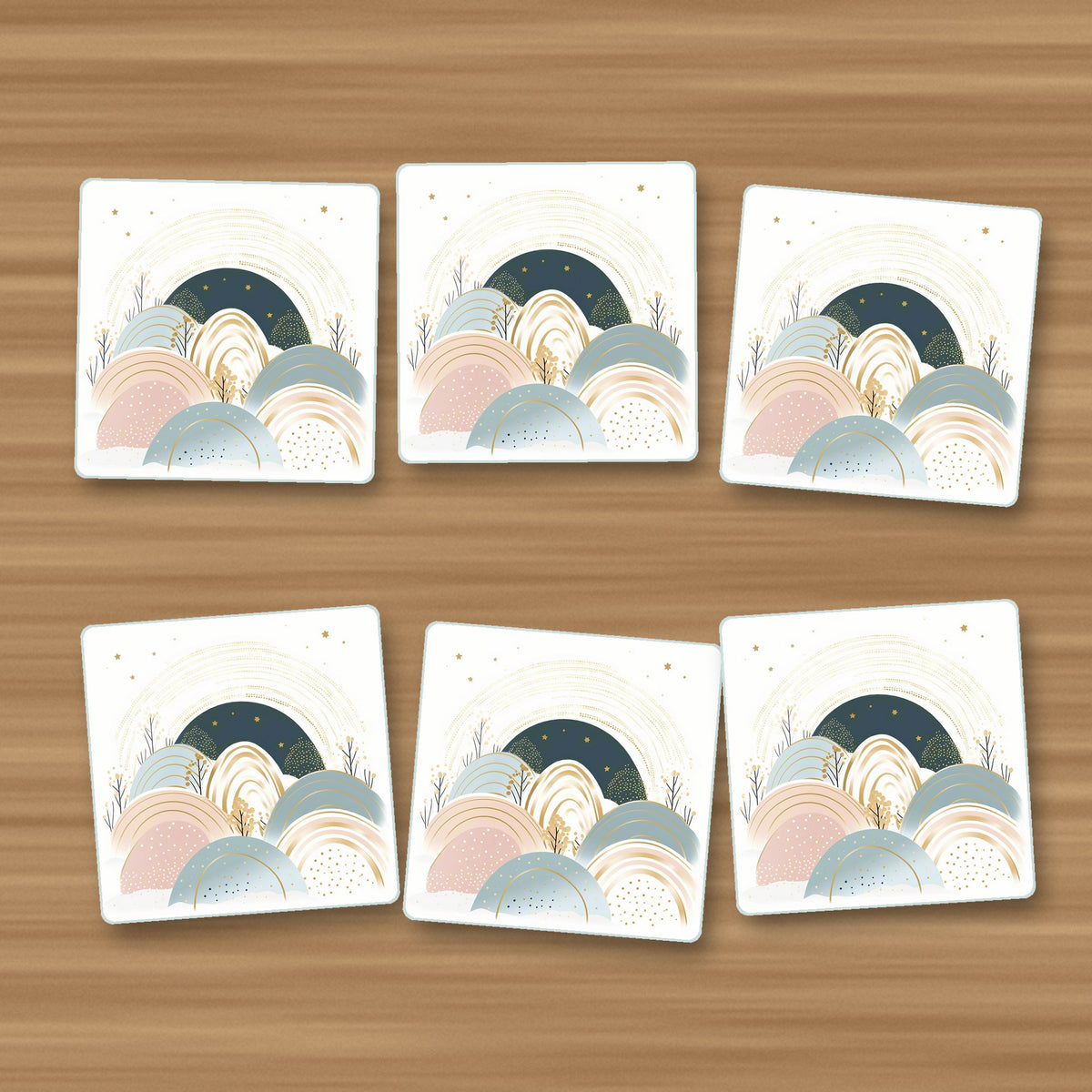 Minimalist Pastel Hills & Arches square glass coasters, set of 6, on an oak coffee table