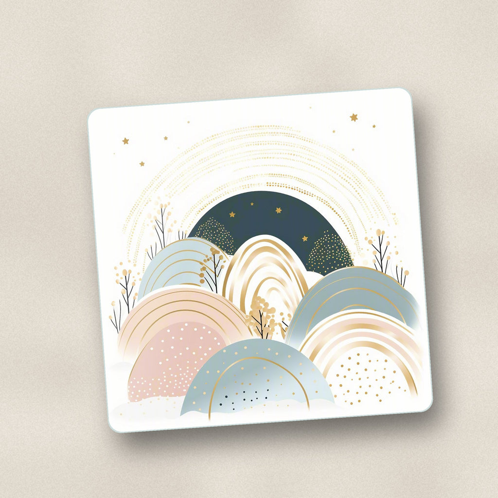 Close-up of one minimalist pastel hills & arches square glass coaster, flat UV print