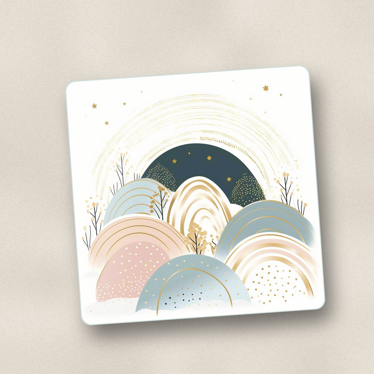 Close-up of one minimalist pastel hills & arches square glass coaster, flat UV print