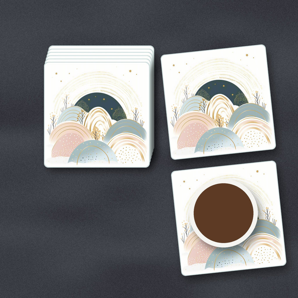 Minimalist Pastel Hills & Arches square glass coasters stacked on a slate kitchen worktop