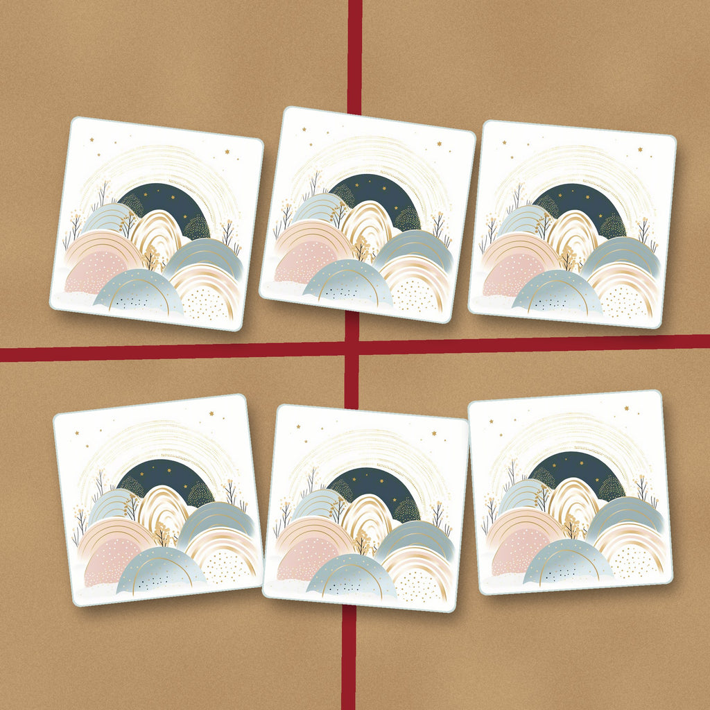 Minimalist Pastel Hills & Arches square glass coasters on kraft gift wrap