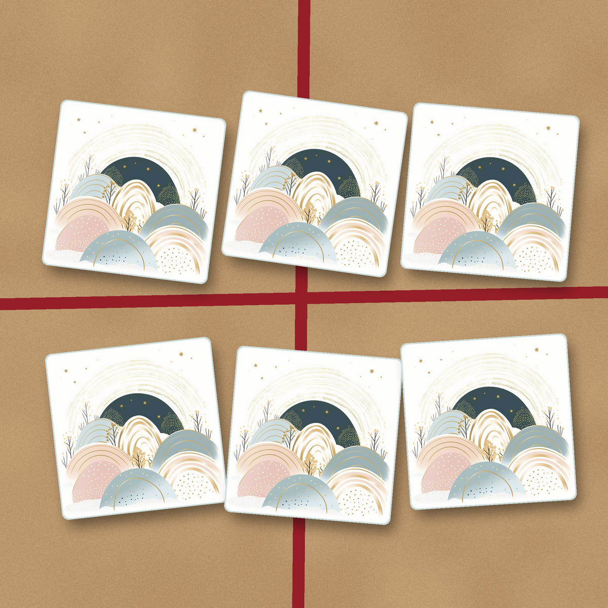 Minimalist Pastel Hills & Arches square glass coasters on kraft gift wrap