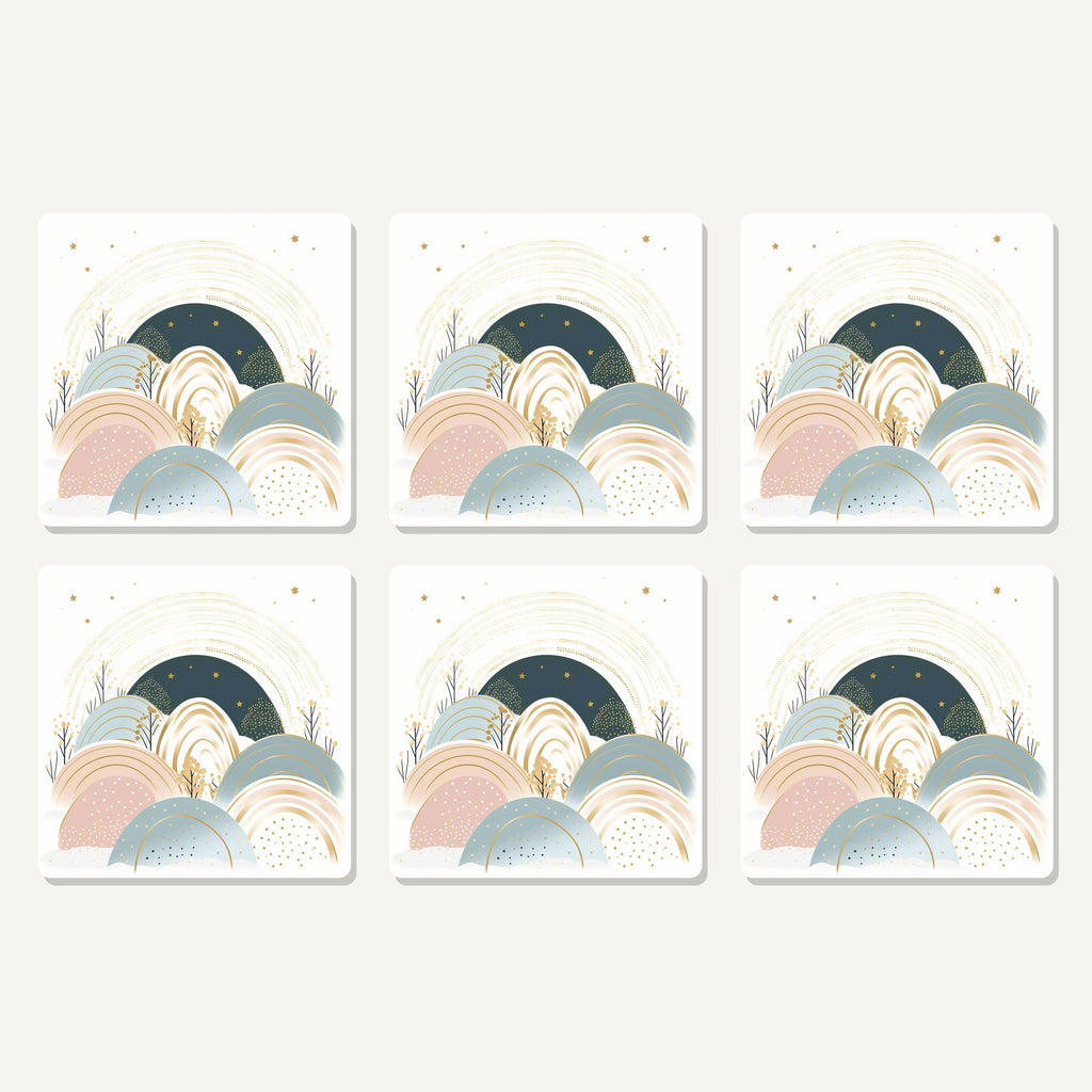 Flat lay of the minimalist pastel hills & arches artwork on six square coasters