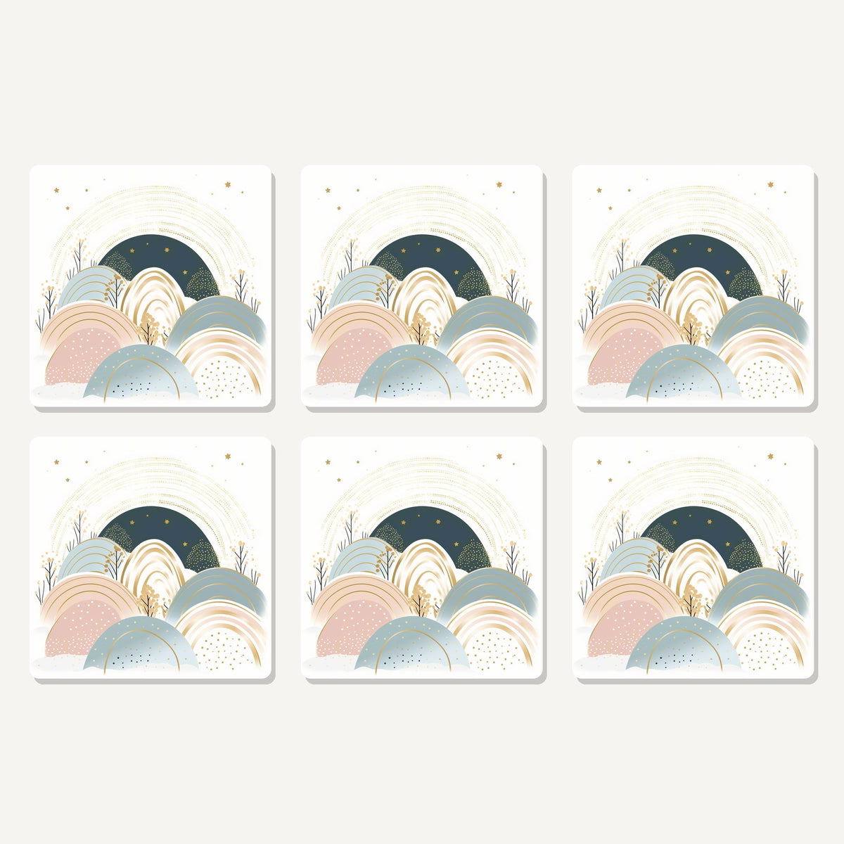 Flat lay of the minimalist pastel hills & arches artwork on six square coasters