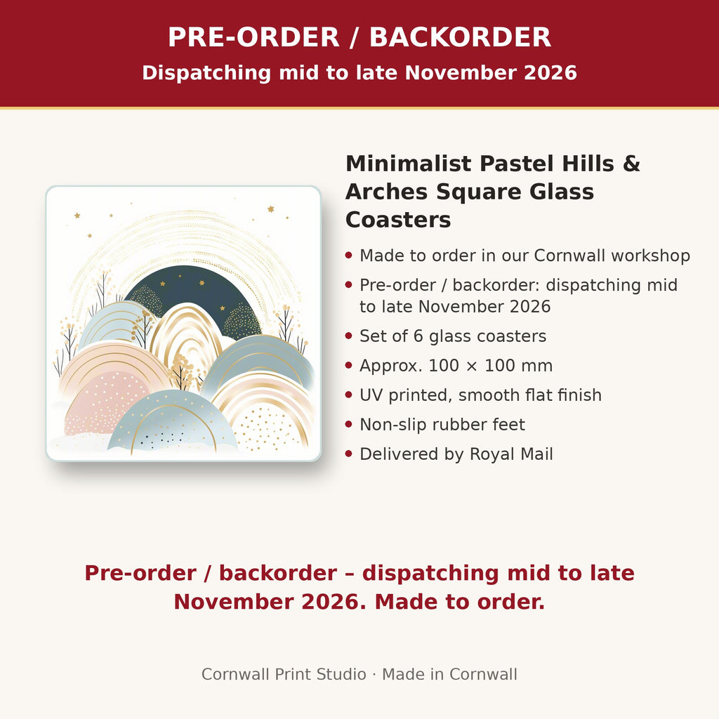 Info card: Minimalist Pastel Hills & Arches Square Glass Coasters – Set of 6, made to order, dispatching mid to late November 2026, delivered by Royal Mail