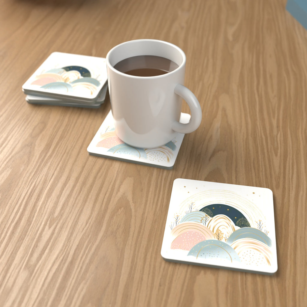 Minimalist Pastel Hills & Arches Square Glass Coasters – Set of 6 – lifestyle mockup with a mug of coffee