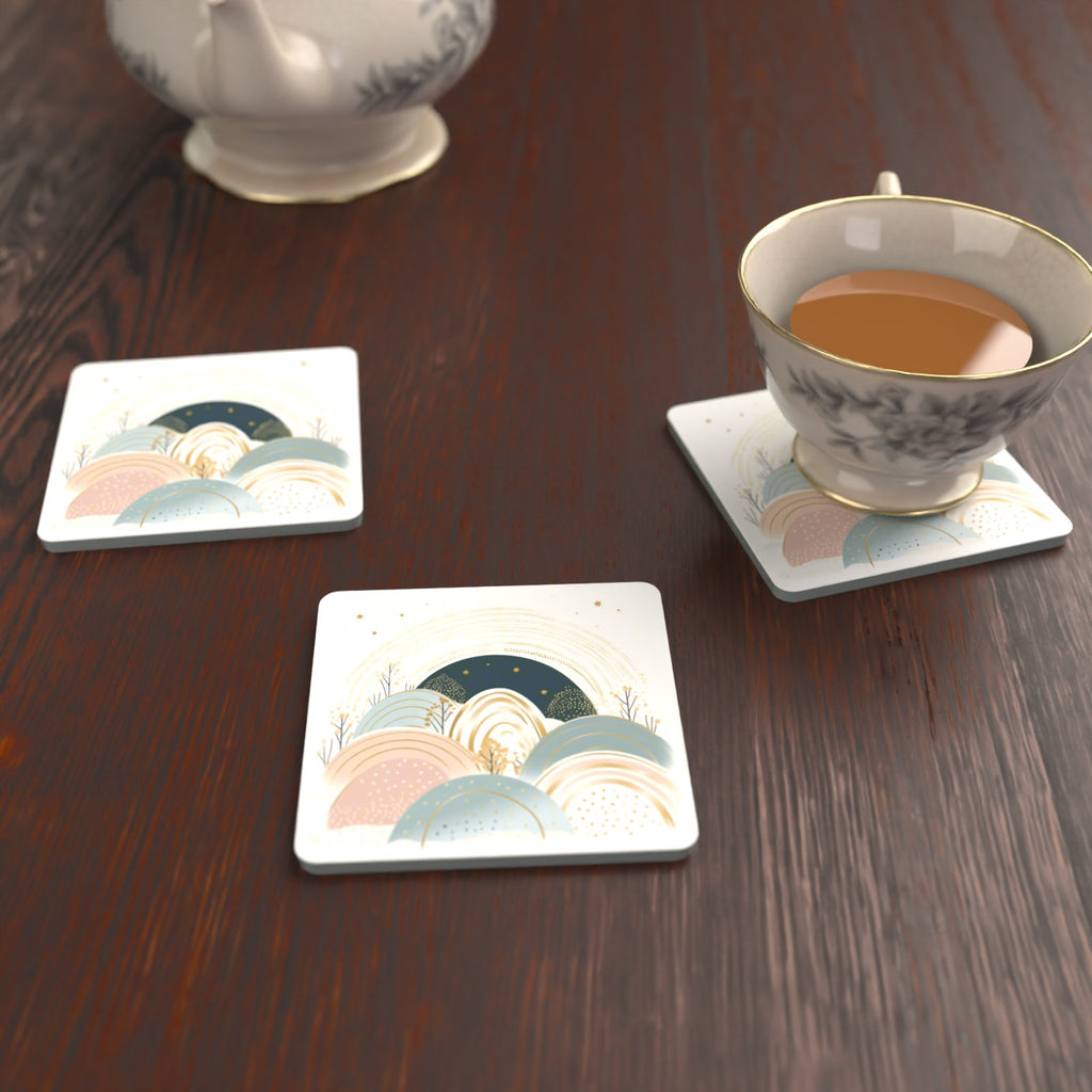 Minimalist Pastel Hills & Arches Square Glass Coasters – Set of 6 – lifestyle mockup with a teacup