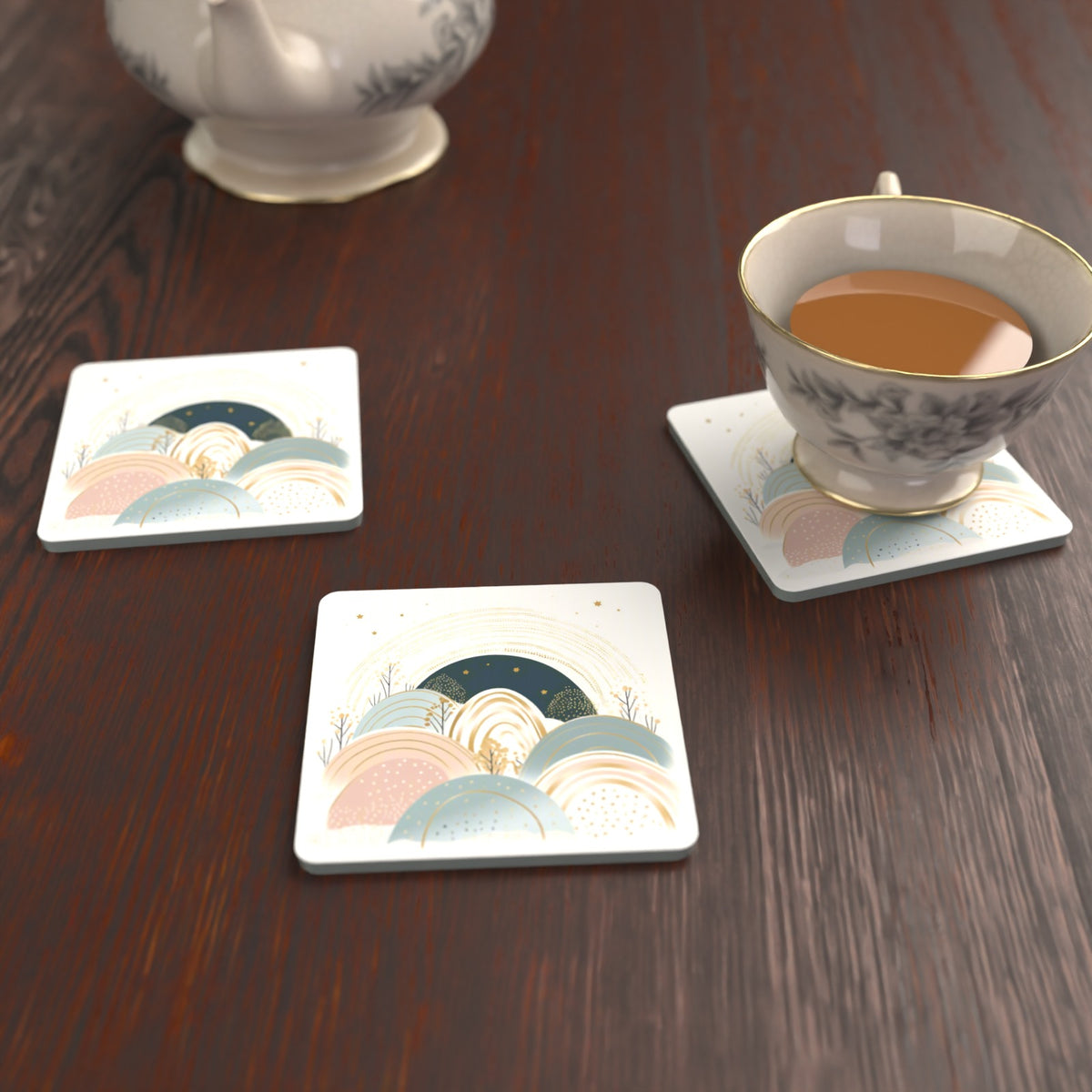 Minimalist Pastel Hills & Arches Square Glass Coasters – Set of 6 – lifestyle mockup with a teacup