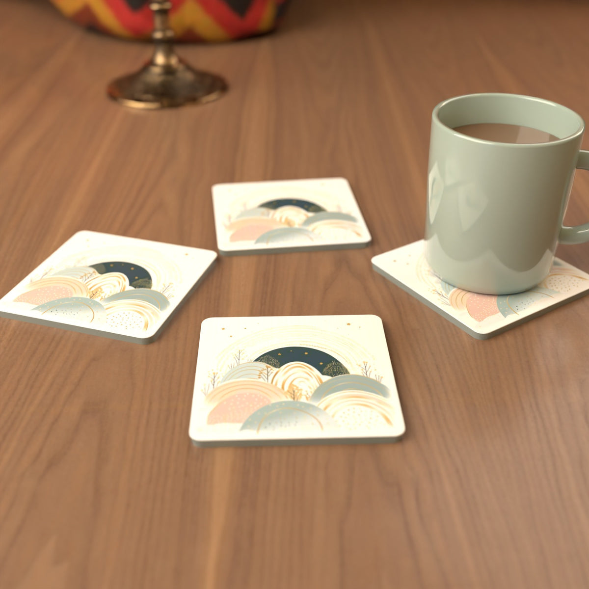 Minimalist Pastel Hills & Arches Square Glass Coasters – Set of 6 – cosy lifestyle mockup
