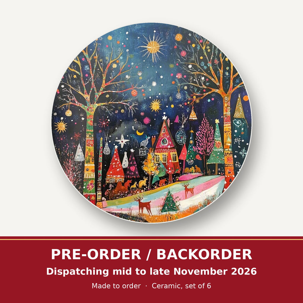 Folk Art Night Village round ceramic coaster set of 6 – pre-order / backorder, dispatching mid to late November 2026