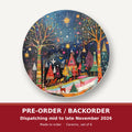 Folk Art Night Village round ceramic coaster set of 6 – pre-order / backorder, dispatching mid to late November 2026