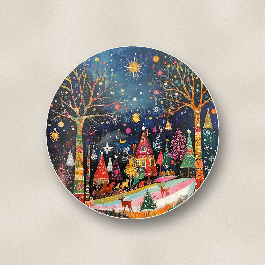 Close-up of one folk art night village round ceramic coaster, flat UV print