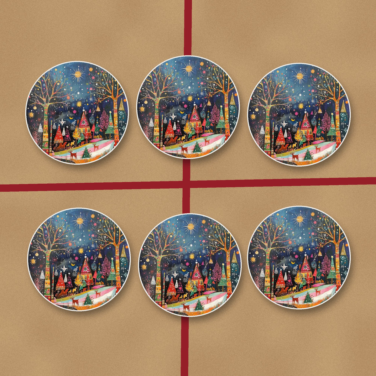 Folk Art Night Village round ceramic coasters on kraft gift wrap