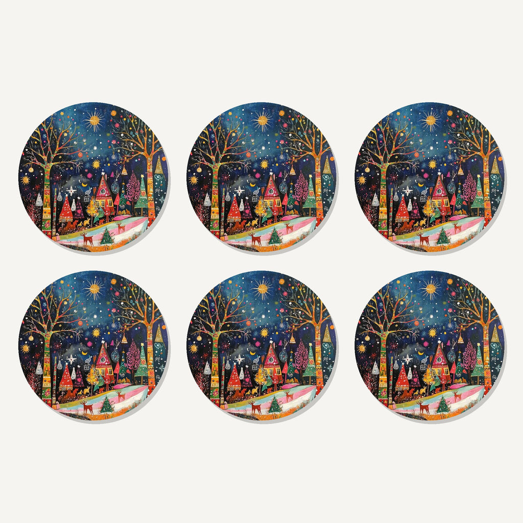 Flat lay of the folk art night village artwork on six round coasters