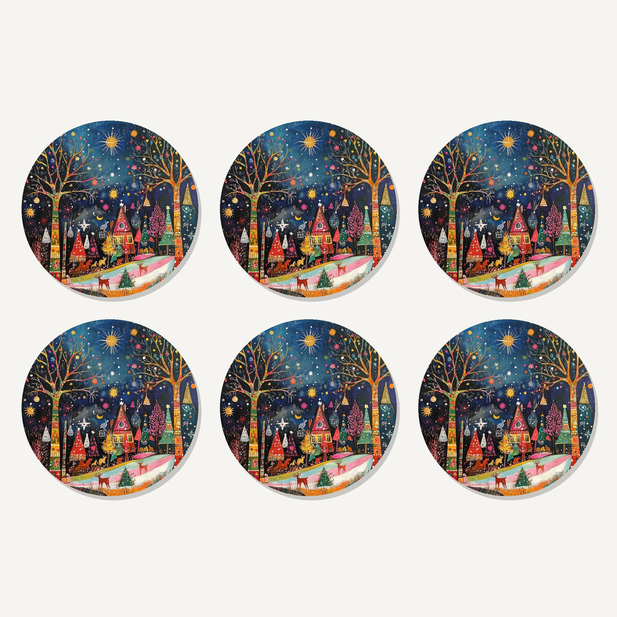 Flat lay of the folk art night village artwork on six round coasters