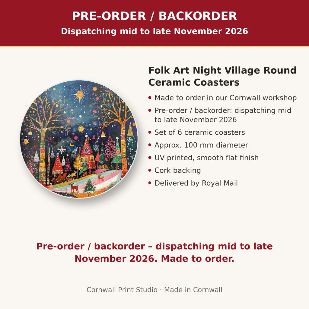 Info card: Folk Art Night Village Round Ceramic Coasters – Set of 6, made to order, dispatching mid to late November 2026, delivered by Royal Mail