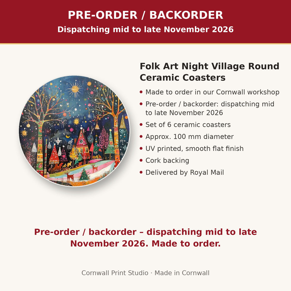 Info card: Folk Art Night Village Round Ceramic Coasters – Set of 6, made to order, dispatching mid to late November 2026, delivered by Royal Mail