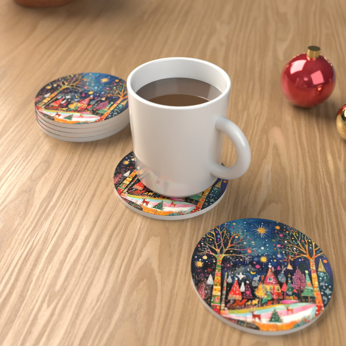 Folk Art Night Village Round Ceramic Coasters – Set of 6 – lifestyle mockup with a mug of coffee
