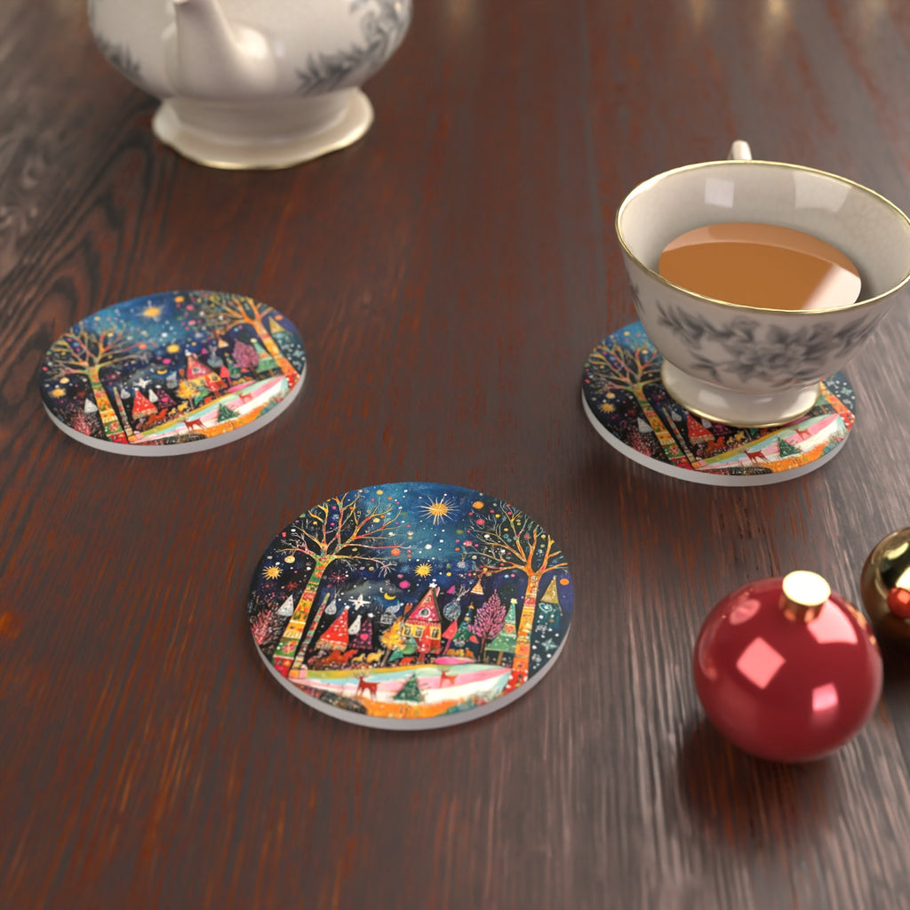 Folk Art Night Village Round Ceramic Coasters – Set of 6 – lifestyle mockup with a teacup