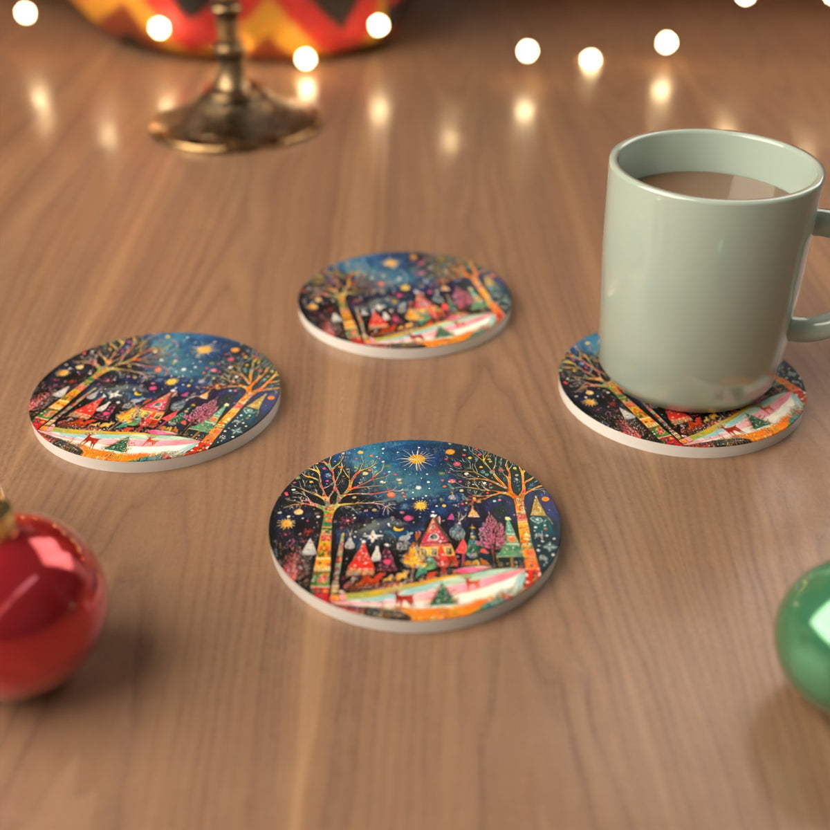 Folk Art Night Village Round Ceramic Coasters – Set of 6 – cosy lifestyle mockup