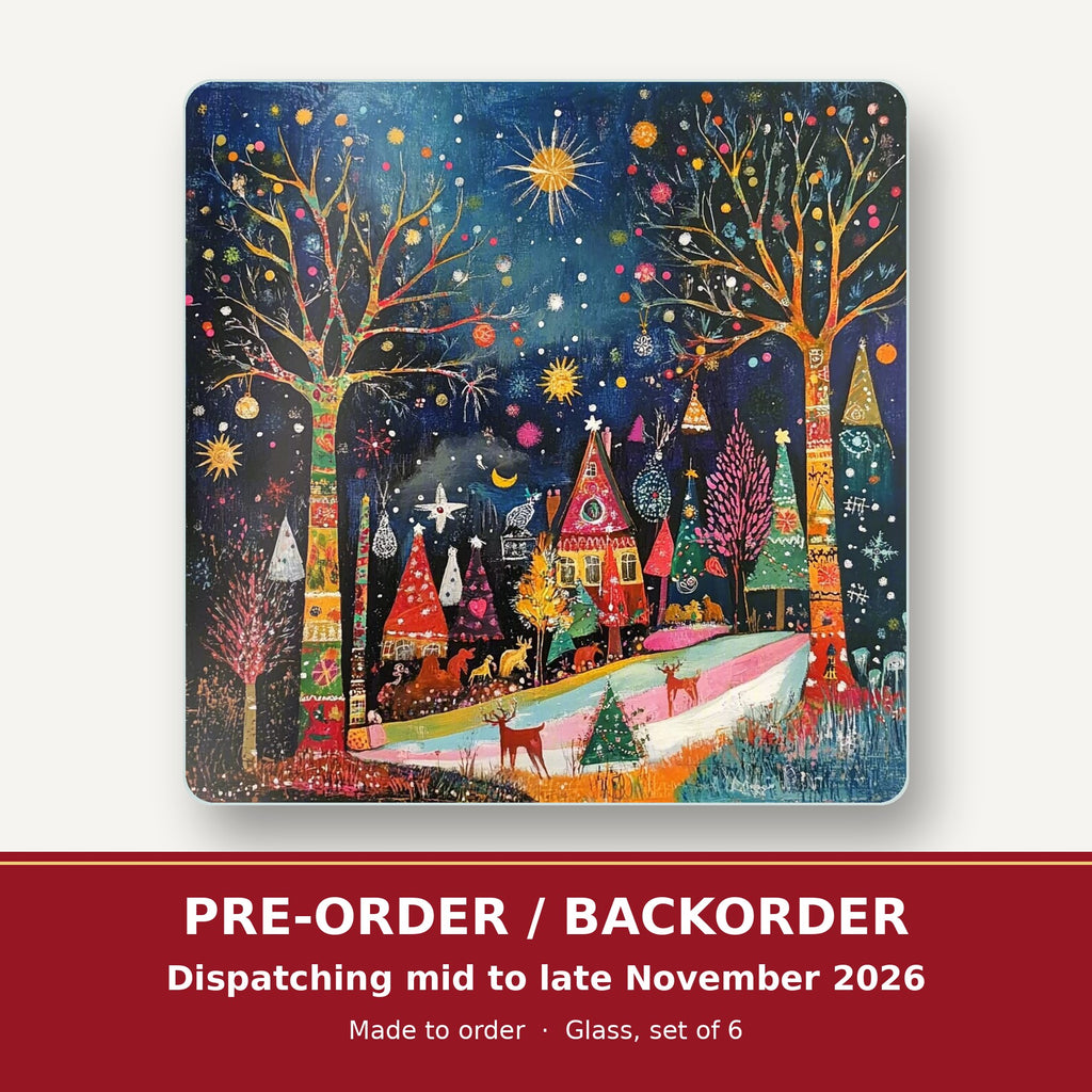 Folk Art Night Village square glass coaster set of 6 – pre-order / backorder, dispatching mid to late November 2026
