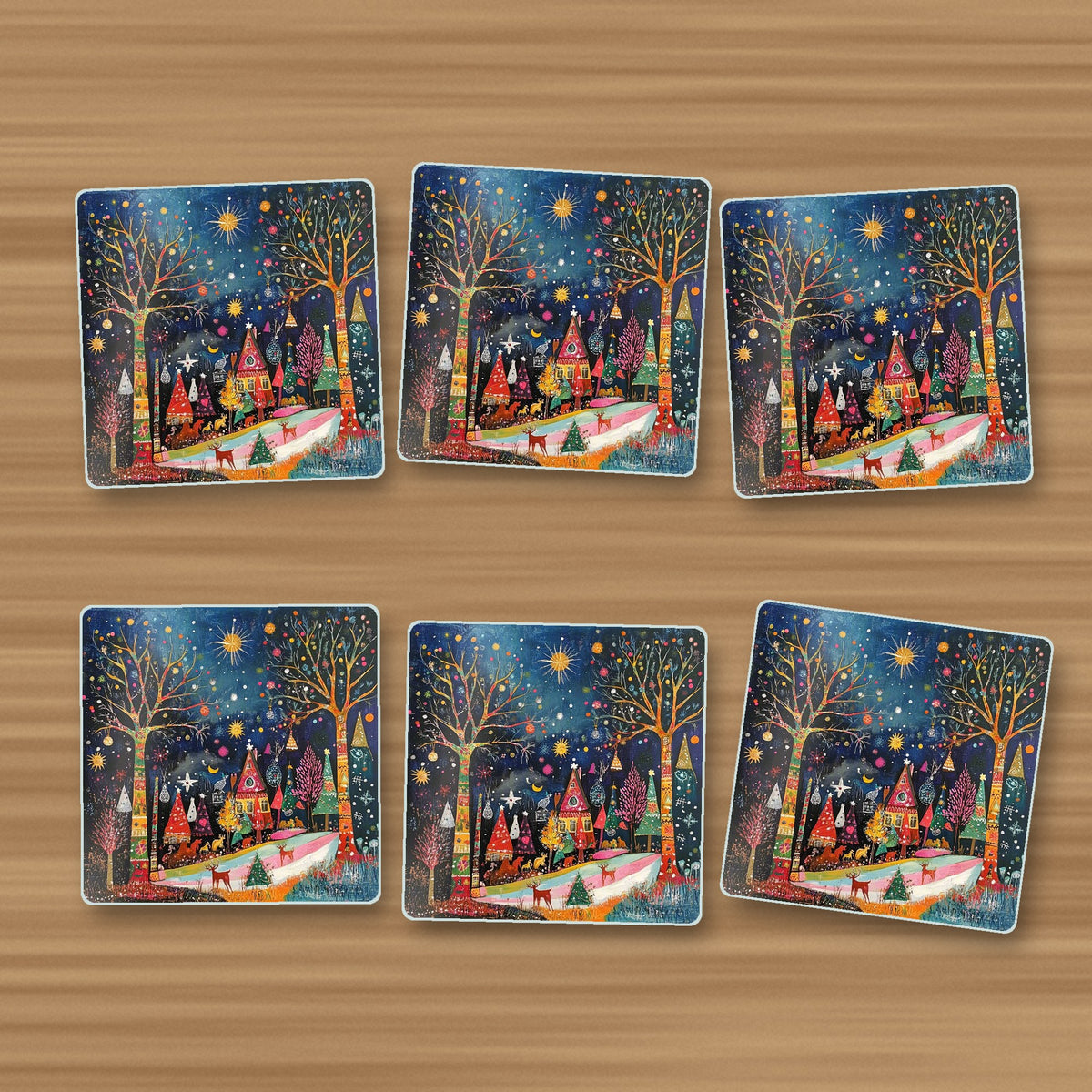 Folk Art Night Village square glass coasters, set of 6, on an oak coffee table