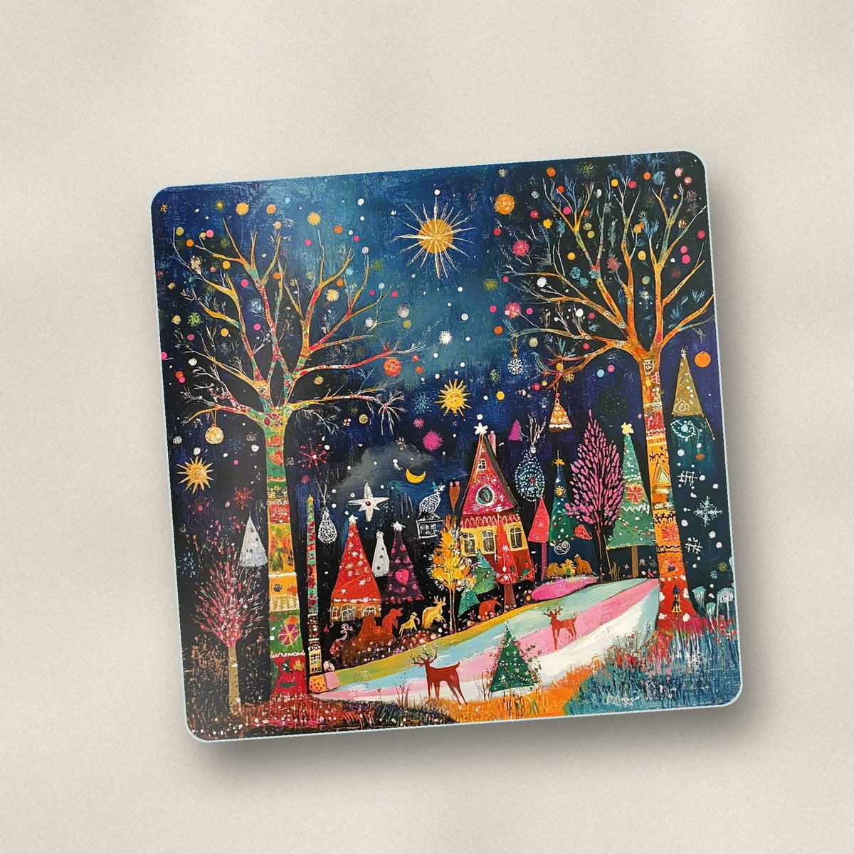 Close-up of one folk art night village square glass coaster, flat UV print