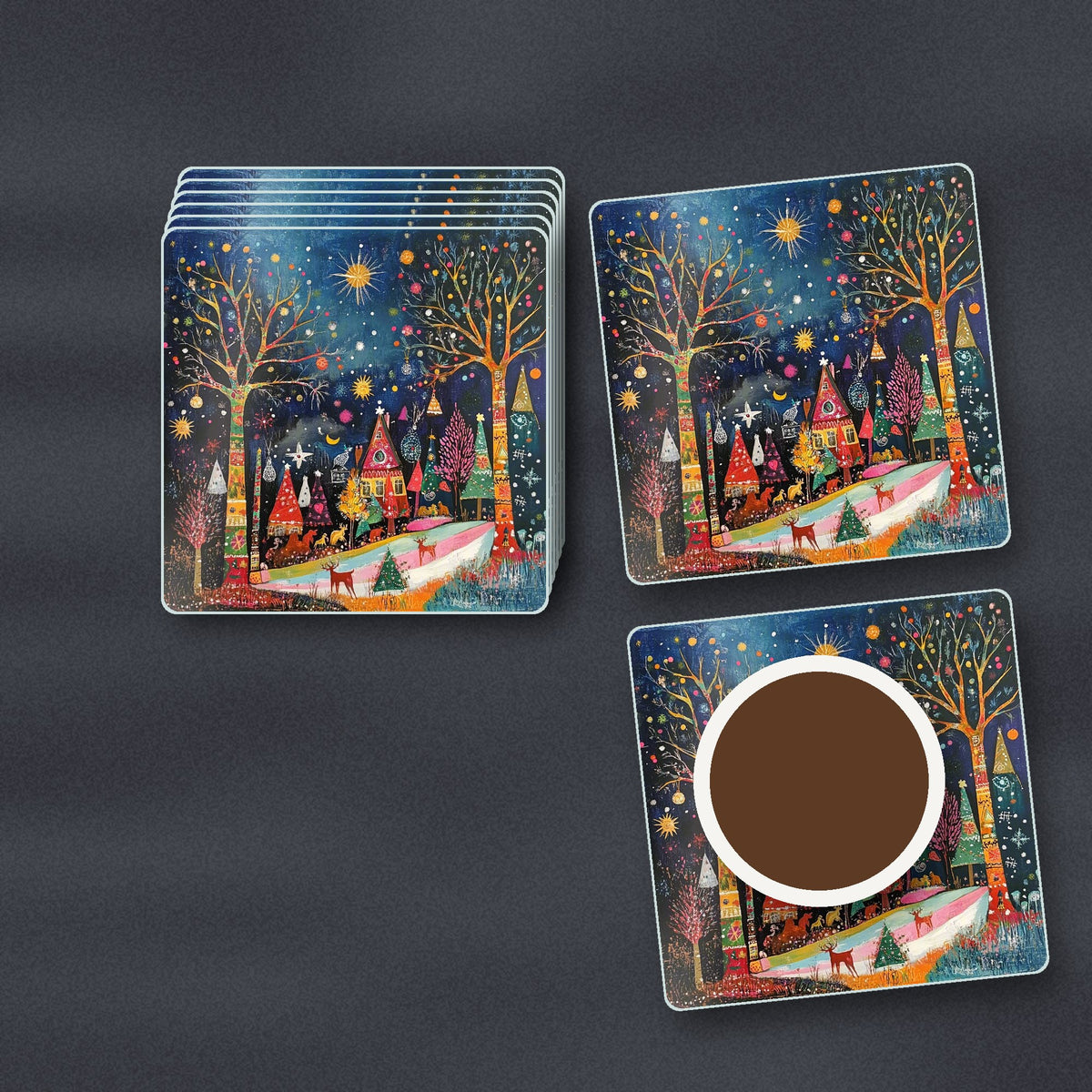 Folk Art Night Village square glass coasters stacked on a slate kitchen worktop