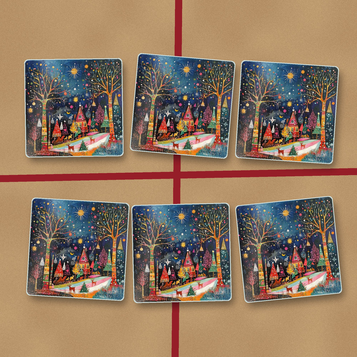 Folk Art Night Village square glass coasters on kraft gift wrap