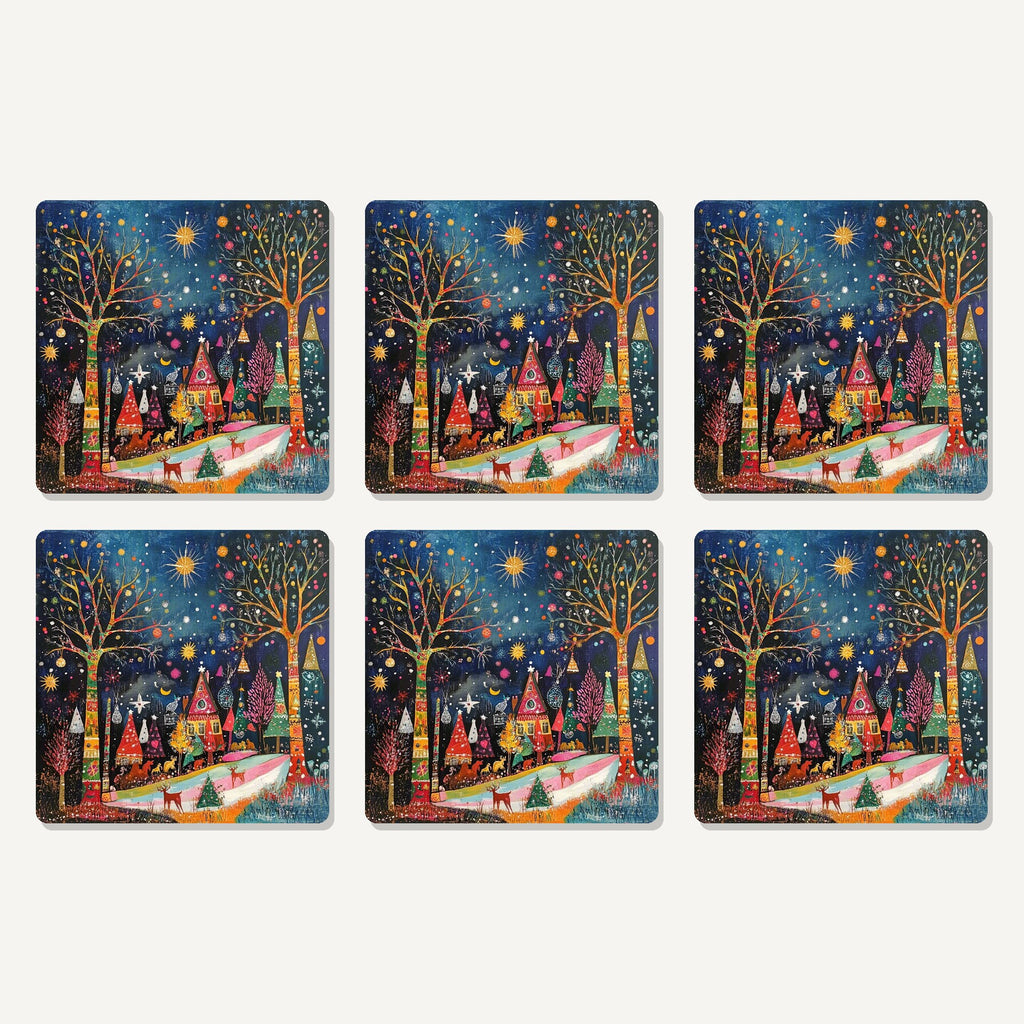 Flat lay of the folk art night village artwork on six square coasters