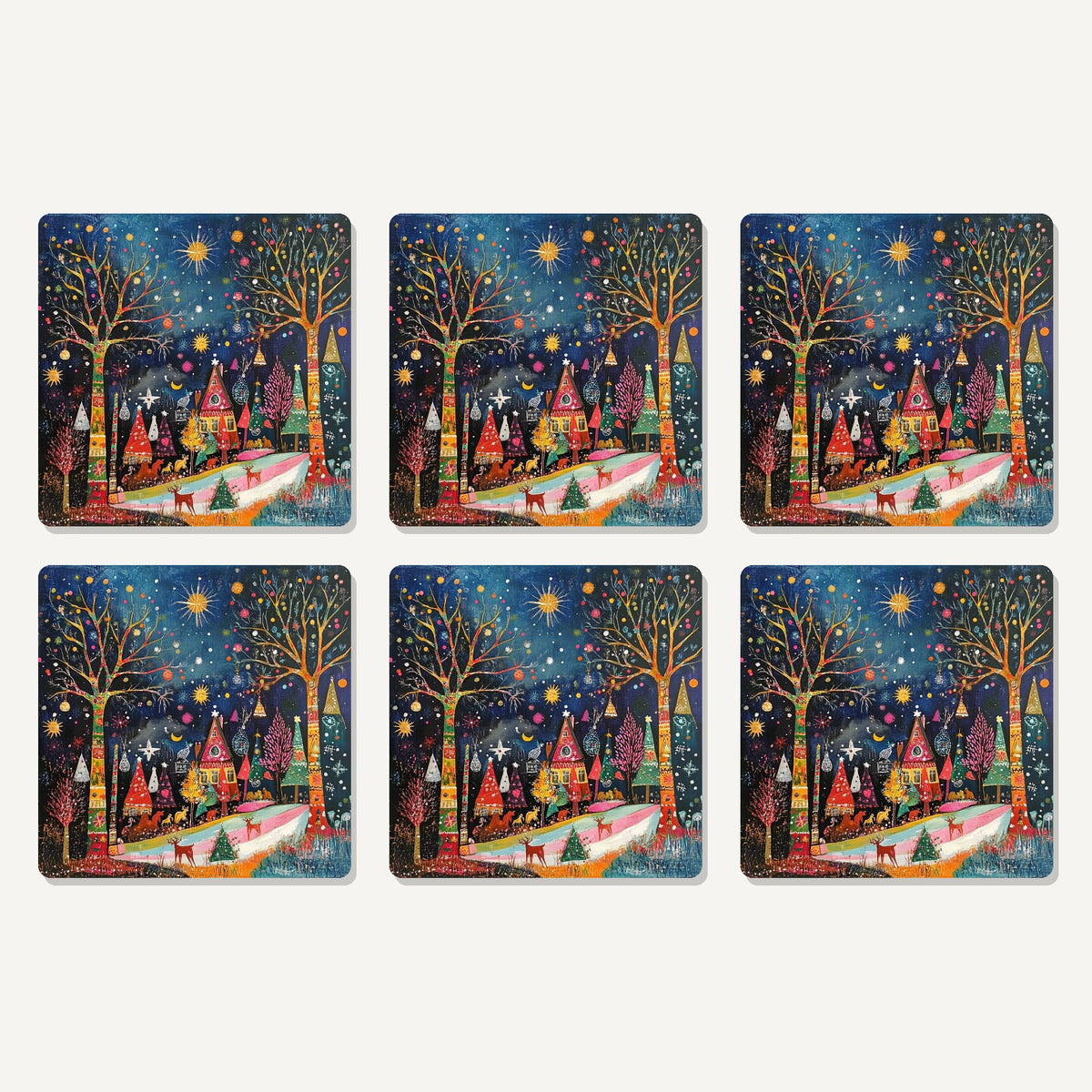 Flat lay of the folk art night village artwork on six square coasters
